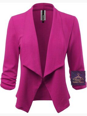 Stretch 3/4 Gathered Sleeve Open Blazer Jacket